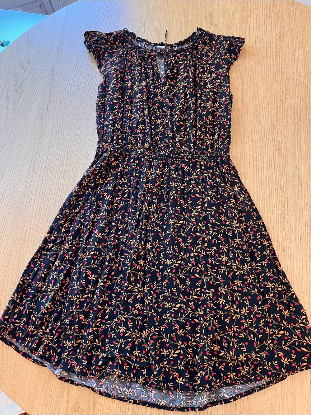 Old Navy Black Midi Dress with Red & Cream Feminine Floral Print